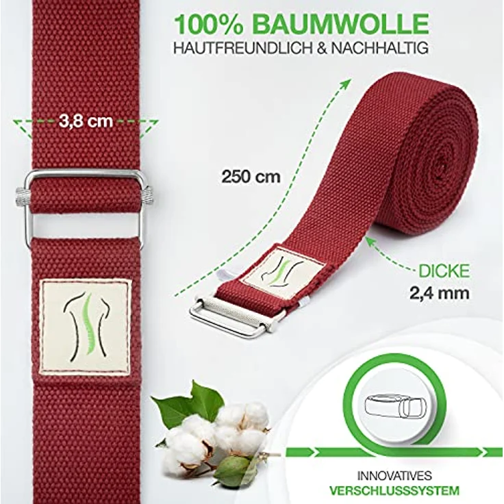 BACKLAxx® Yoga Gurt Baumwolle (rot) – Nachhaltiges Yoga Zubehör Set, Yogagurt 250 cm lang mit praktischem Verschluss aus Metall – Yoga Set ideal für Yoga, Pilates und Dehnen inkl. Anwendungsvideos – Bild 3