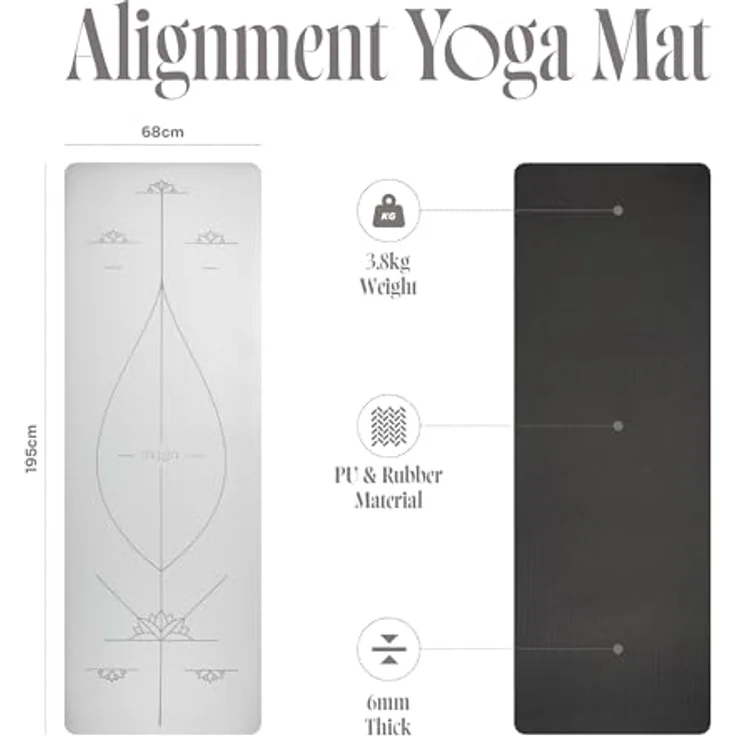 Myga XL Ausrichtungs-Yogamatte, 6 mm dick mit eingezeichneten Körperausrichtungslinien, rutschfester Polsterung, 195 x 68 cm – Bild 2