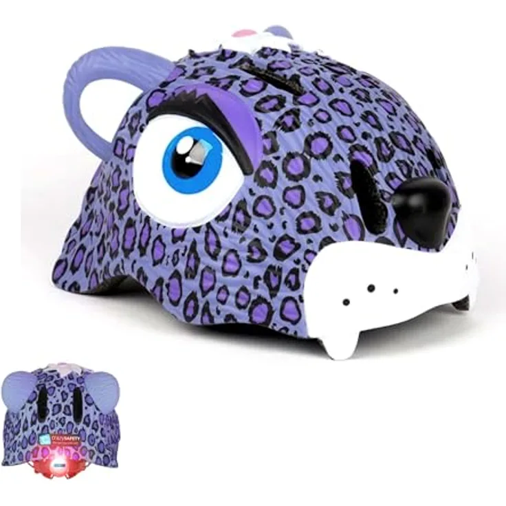 Crazy Safety Leopard Fahrradhelm für Kinder, lila mit LED-Licht, EN1078, für Kopfumfänge 49-55 cm und 53-59 cm
