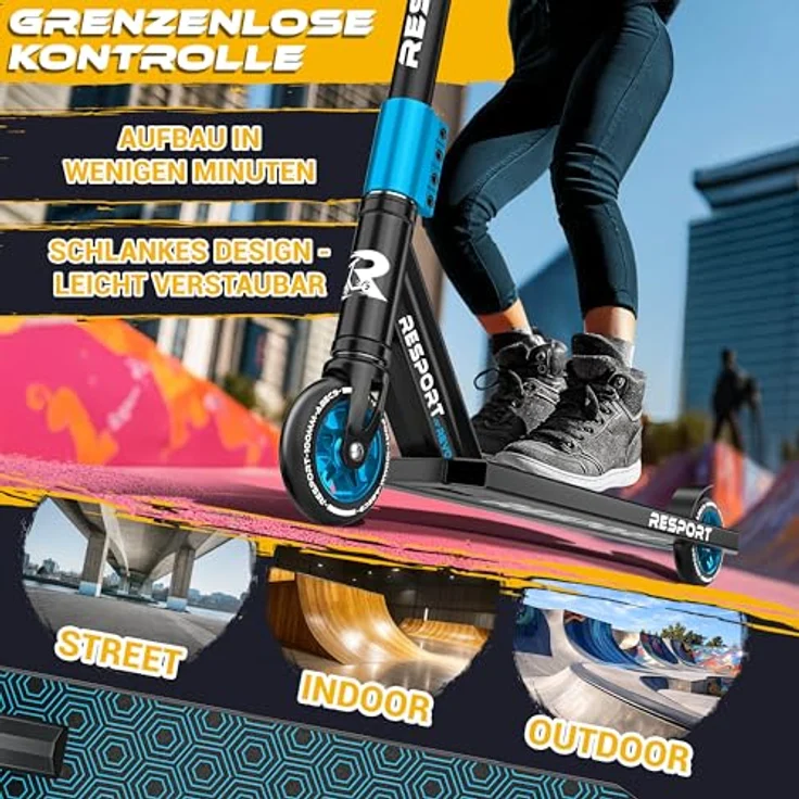 RE:SPORT® Stunt Scooter REVO, Profi Stuntroller für Kinder & Erwachsene mit Ständer, 100mm Polyurethanräder, Y-Bar, ABEC 9 Kugellager, Tretroller Trickroller – Bild 4