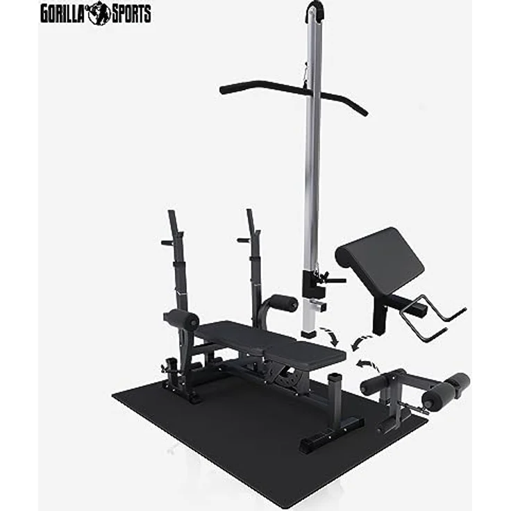 GORILLA SPORTS® Kraftstation Universal Set 46-teilig mit 100 kg Hantelset - Trainingsbank, Fitnessstation, Trainingsstation, Schwarz/Wiß – Bild 4