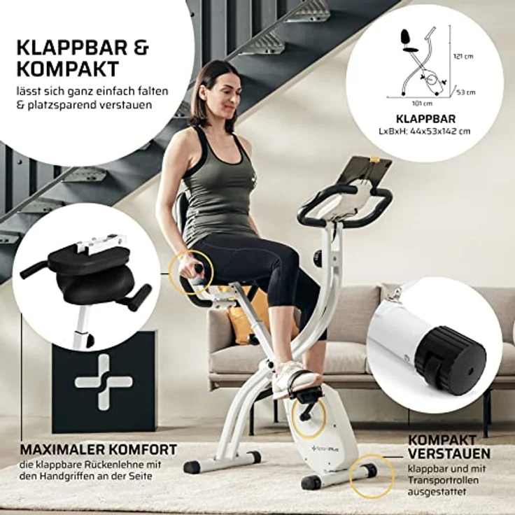 SportPlus X-Bike Heimtrainer klappbar für zuhause mit Rückenlehne, 8 Stufen, Display mit Smartphone- & Tablethalterung, mit App-Kompatibilität bis 100 kg belastbar – Bild 5