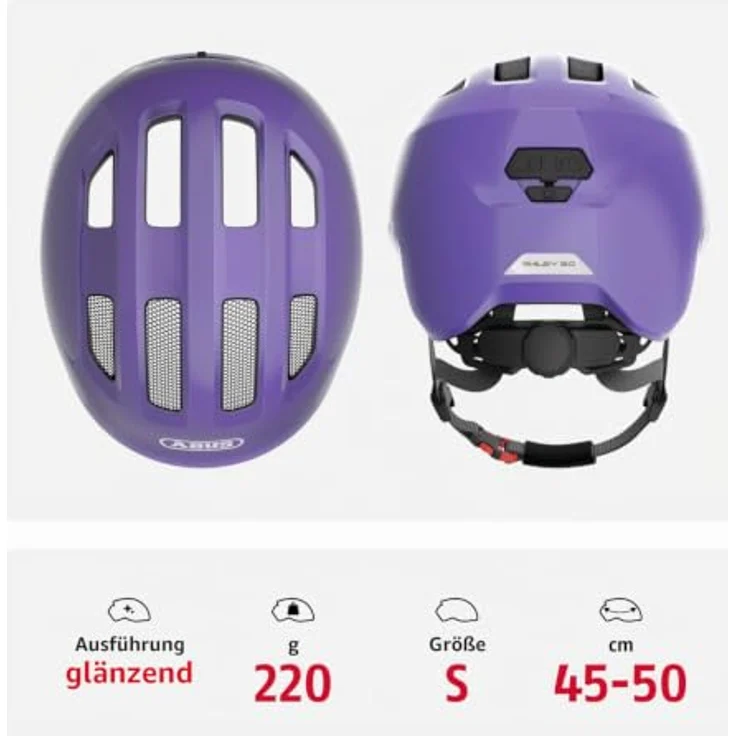 ABUS Kinderhelm Smiley 3.0, Fahrradhelm mit tiefer Passform, kindgerechtem Design & Zopfplatz, candid purple, Größe S – Bild 3