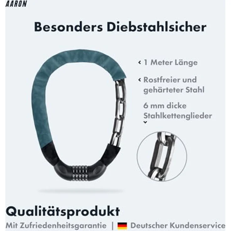 AARON Lock One Fahrradschloss, Kettenschloss mit 5-stelligem Zahlencode, 100 cm, grau-blau – Bild 2