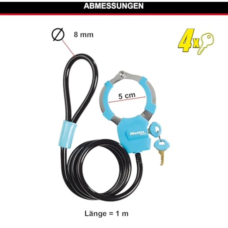 Master Lock Street Cuff, Veloschloss mit 8 mm geflochtenem Stahlkabel, 100 cm, schwarz – Bild 5
