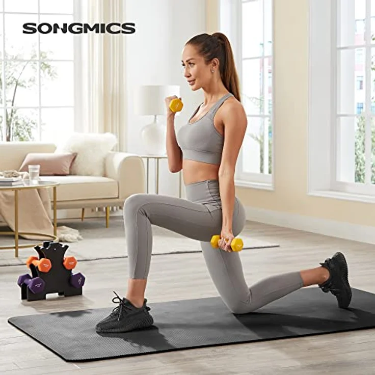 SONGMICS Kurzhantel Set, Hexagon, mit Hantelständer, 2 x 1 kg, 2 x 1,5 kg, 2 x 2 kg, mattes Finish, Neopren-Beschichtung, Krafttraining, zu Hause, gelb, orange und lila SYL69BK – Bild 2