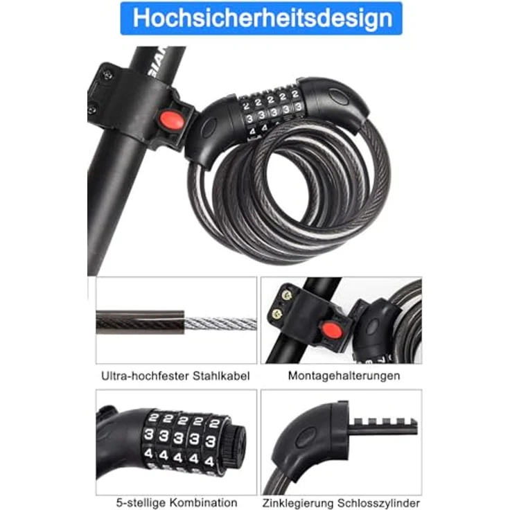 REHKITTZ 120 cm Kabelschloss, 12 mm sehr hohes Sicherheitsniveau mit 5-stelligem Zahlencode und Fahrradhalterung – Bild 3