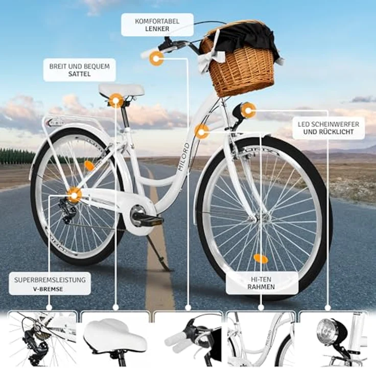 Milordbikes City-Fahrrad, Weiß, 46 cm, Metallrahmen, leichtlaufende 700C Reifen, inklusive Träger und Werkzeugset – Bild 2
