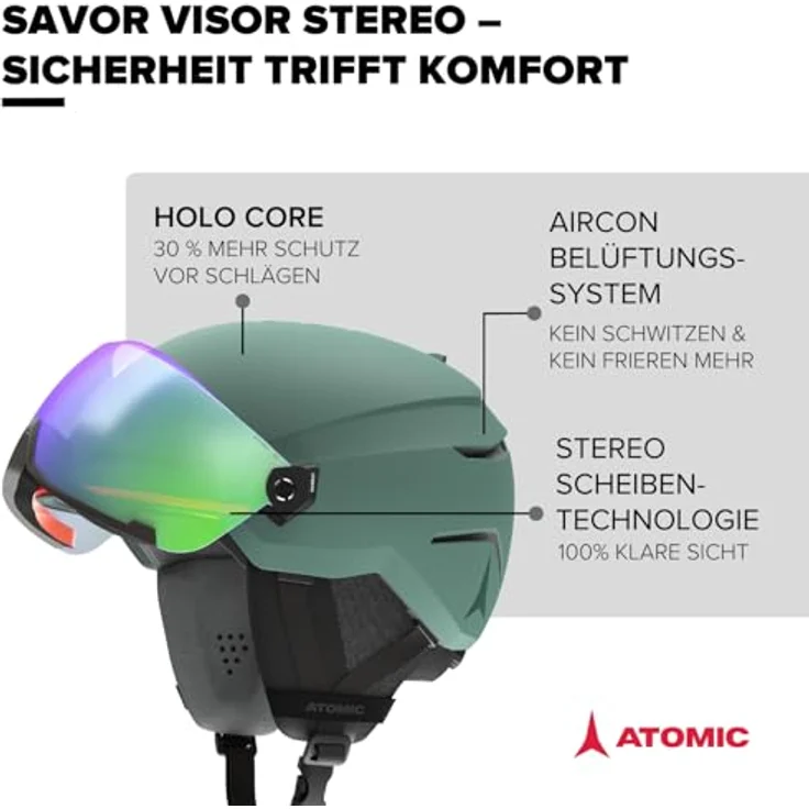 ATOMIC SAVOR VISOR STEREO, Skihelm mit Visier - Green - Größe M, 360° Fit System, Active Aircon Belüftung, Holo Core für maximale Stoßdämpfung – Bild 2
