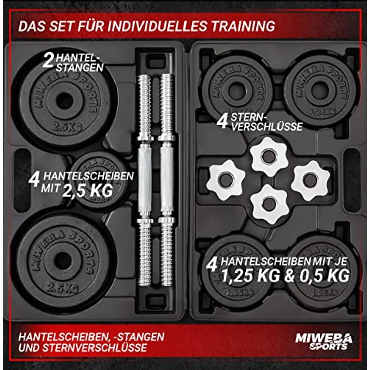 Miweba Sports Hantelset MKH120 | 20kg - 𝐏𝐫𝐨𝐟𝐢 Hanteln mit Koffer - Frauen und Männer - Hantel Set - Hantelkoffer - Kurzhanteln - Gusseisen Hantelscheiben - Ergonomischer Griff - Einzelhanteln – Bild 3
