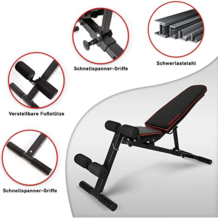 MULTIFUNKTIONSTALENT! Profihantel Klappbare 3 in 1 Studio Hantelbank, NEU - Sitz 2-fach verstellbar, Intelligentes Klappsystem, kein Aufbauen notwendig, Pin- gesichertes Verstellsystem, inklusive dem neuen 24-seitigen Trainingsratgeber mit 33 Übungsbeispielen und Einsteiger-Trainingsplan schwarz/rot Unisex – Bild 3