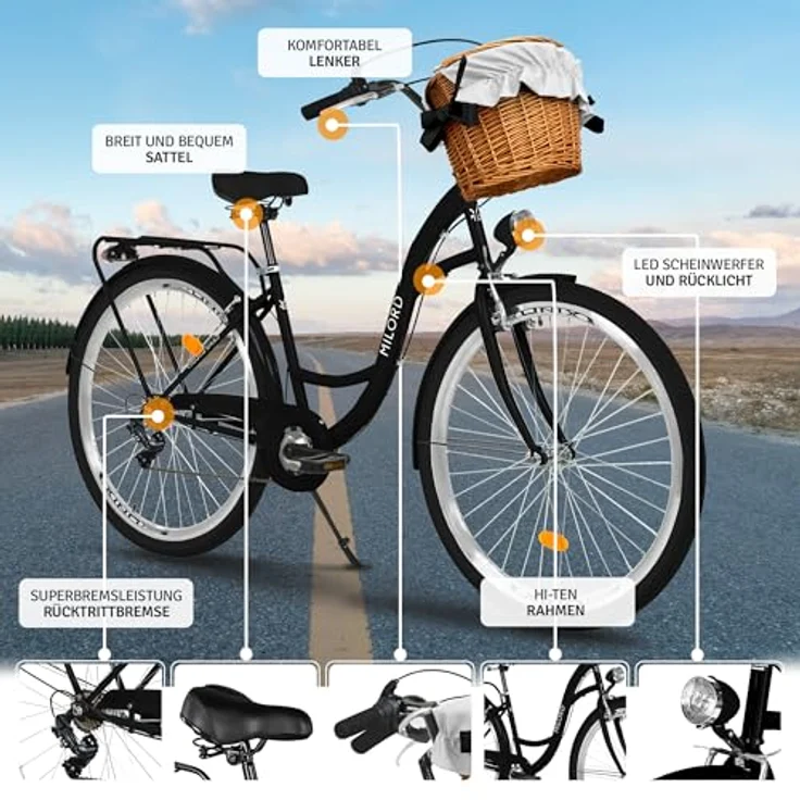 Milordbikes City-Fahrrad, Schwarz, 46 cm, Metallrahmen, für Freizeit und Fitness, mit Aluminiumfelgen und hinterem Träger – Bild 2