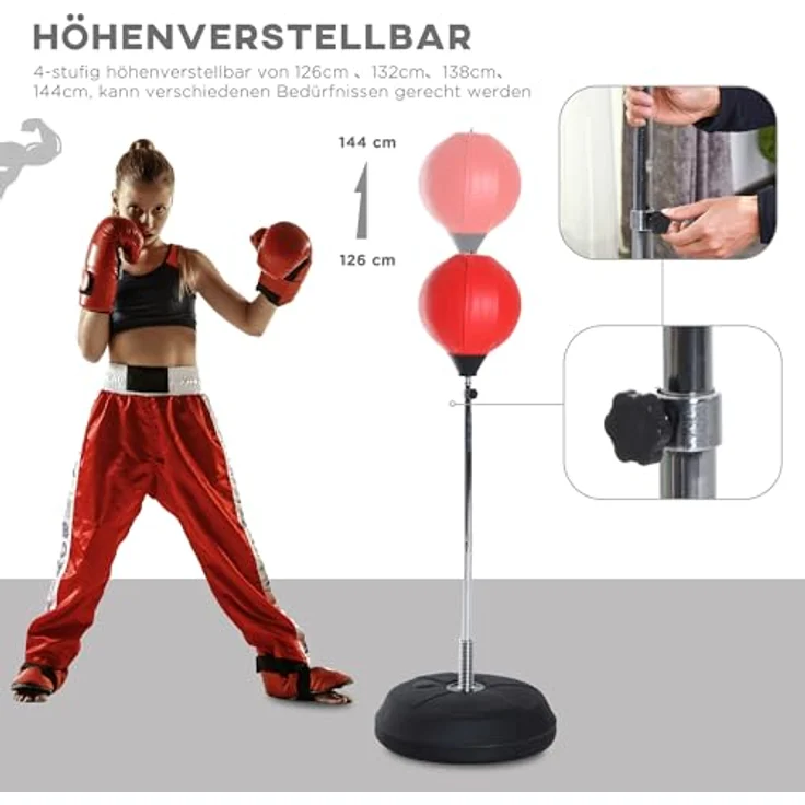 HOMCOM Punchingball Set, Höhenverstellbarer Boxstand 126-144cm mit Ständer, Boxbirne, Boxhandschuhen, Pumpe und stabiler Basis für anspruchsvolles Training – Bild 3