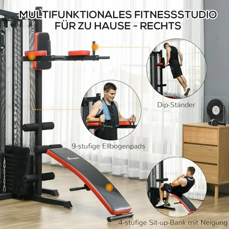 SPORTNOW Kraftstation, Multifunktionale Fitnessstation mit Butterfly- & Latzugstange, Curler, Brustpresse, Sit-Up-Bank, 65 kg Gewichtsblöcken, Schwarz – Bild 4