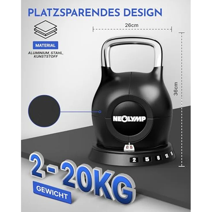 NEOLYMP Kettlebell Set 2-20 kg, verstellbare 7-in-1 Kugelhantel mit Edelstahl-Handgriff für Ganzkörper-Workout Zuhause – Bild 2
