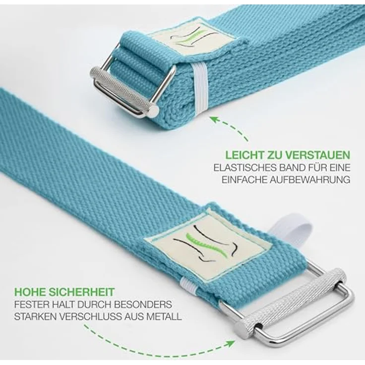 BACKLAxx® Yoga Gurt Baumwolle (hellblau) – Nachhaltiges Yoga Zubehör Set, Yogagurt 250 cm lang mit praktischem Verschluss aus Metall, Yoga Set ideal für Yoga, Pilates und Dehnen inkl. Anwendungsvideos – Bild 4