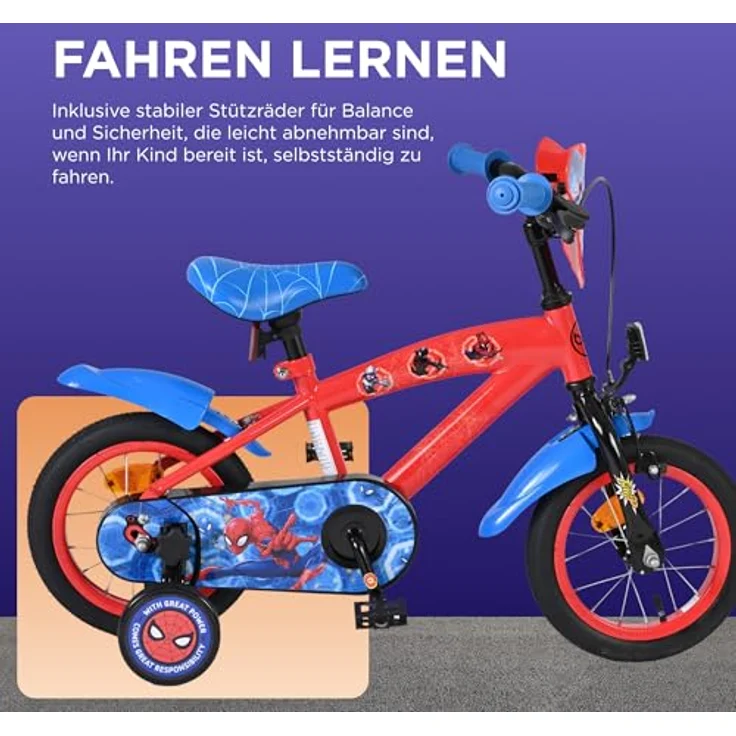 Volare Spider-Man Kinderfahrrad, 12 Zoll mit Handbremse, Rücktrittbremse, abnehmbaren Stützrädern, Blau/Rot – Bild 4