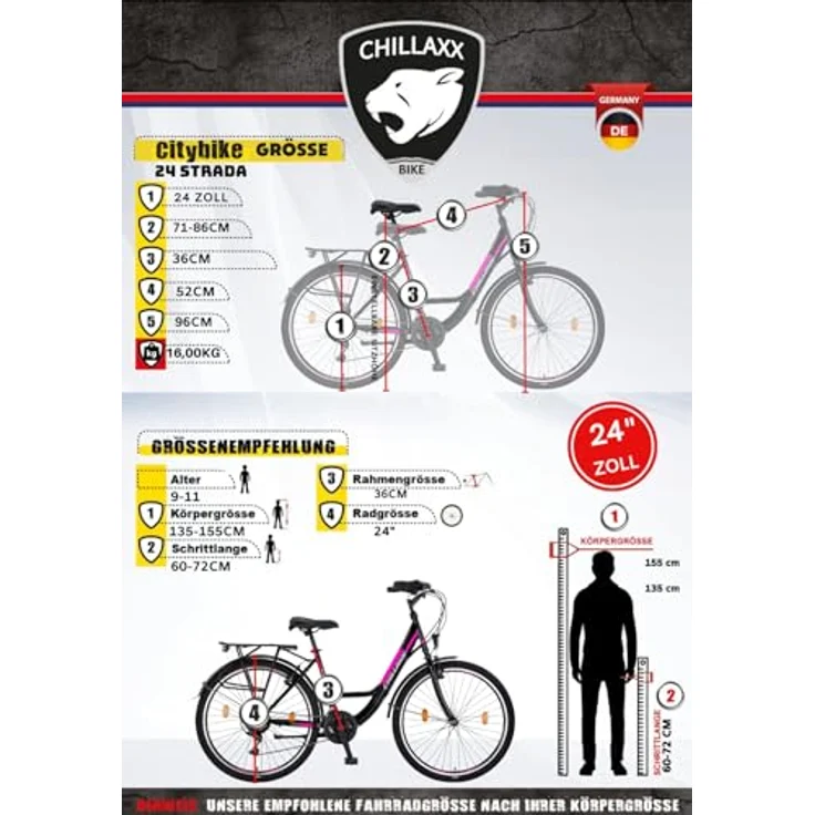 Chillaxx Bike Strada Premium City Bike 24 Zoll Schwarz-Pink V-Bremse - Hollandfahrrad für Mädchen, Jungen, Herren und Damen - 21 Gang-Schaltung – Bild 5