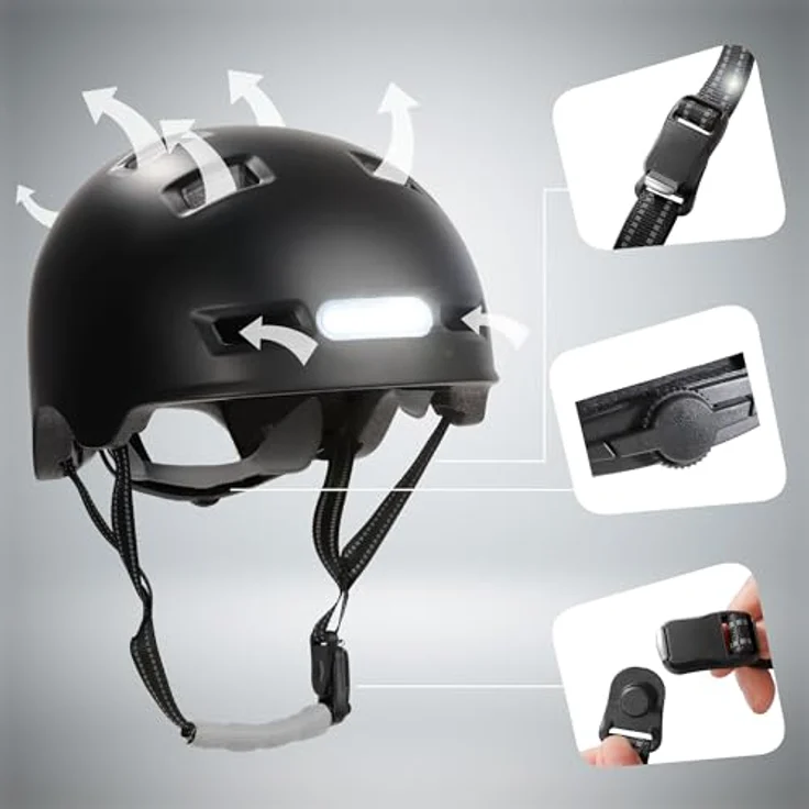 Crazy Safety Black Urban, Velohelm für Jugendliche und Erwachsene, (57 - 61 cm) mit integrierten Lichtern – Bild 7