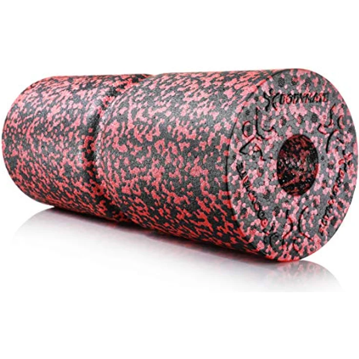 BODYMATE Faszienrolle CARE Mittel-Hart mit umlaufender Rille zur Wirbelsäulen-Entlastung, E-Book inklusive - Schwarz/Pepper-Red, 35x14cm – Bild 1