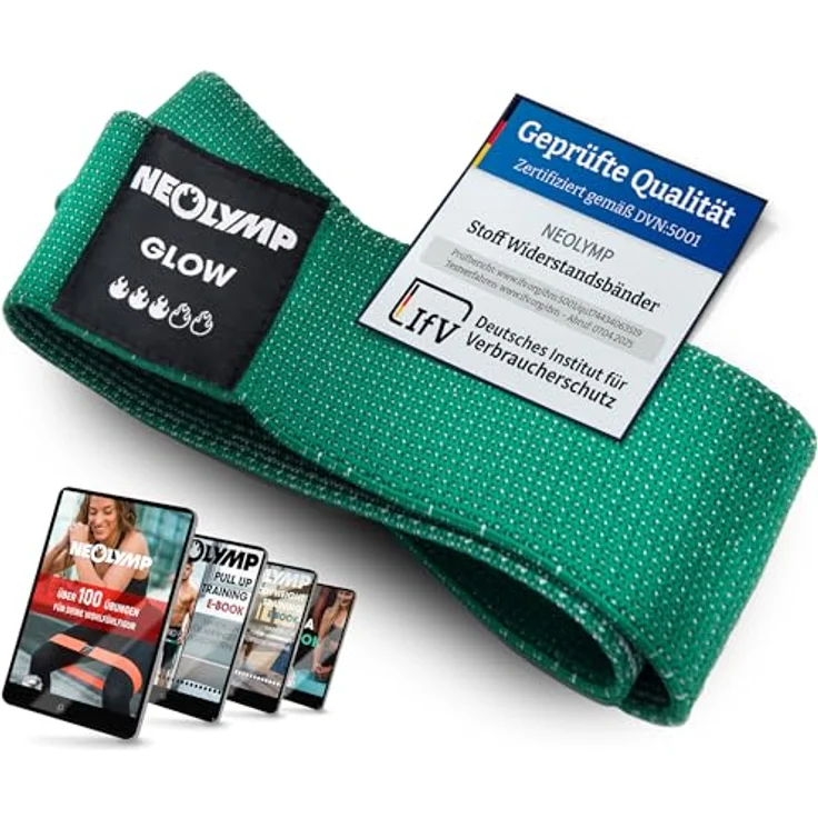 NEOLYMP Kurze Fitnessbänder Stoff mit Fitness Trainingsprogramm E-Book, waschbare Resistance Bands in grün, mittlerer Widerstand von 7,5 - 10 kg – Bild 1