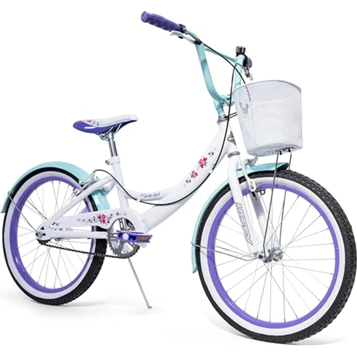 Huffy Girly Girl 20-Zoll Kinderfahrrad, weißes Singlespeed mit Blumengrafik und großem Lenkerkorb – Bild 1