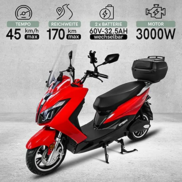 Maximus Rolektro MX2 Elektromoped 45 km/h - 3000 Watt E-Mofa mit 2 herausnehmbaren 60V/32,5Ah Lithium-Akkus - 170 km Reichweite - 2 Personen E-Moped mit LED-Licht - eMoped mit Straßenzulassung, Maximus Schwarz – Bild 2