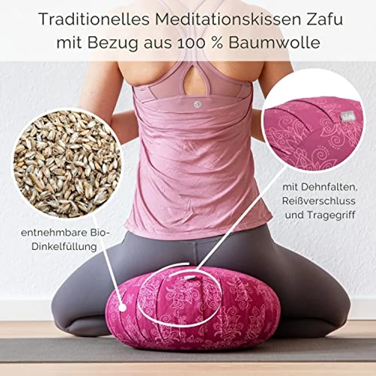 Bodhi Meditationskissen ZAFU | Sitzkissen mit Dehnfalten & praktischem Tragegriff | Bezug aus 100% Baumwolle | Bio-Dinkelfüllung | Höhe 19 cm | Maharaja Collection (Mandala/dunkelblau) – Bild 3