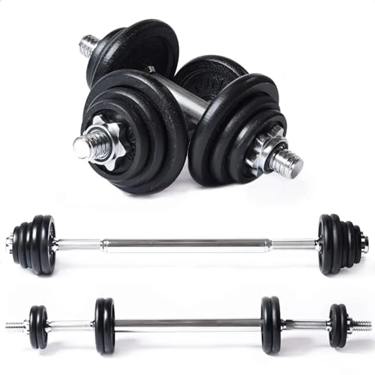 Tunturi Langhantel und Kurzhanteln in 1 - Gusseisen - Set 20 kg - Verstellbare Hantel Set - rutschfester Griff, schwarz