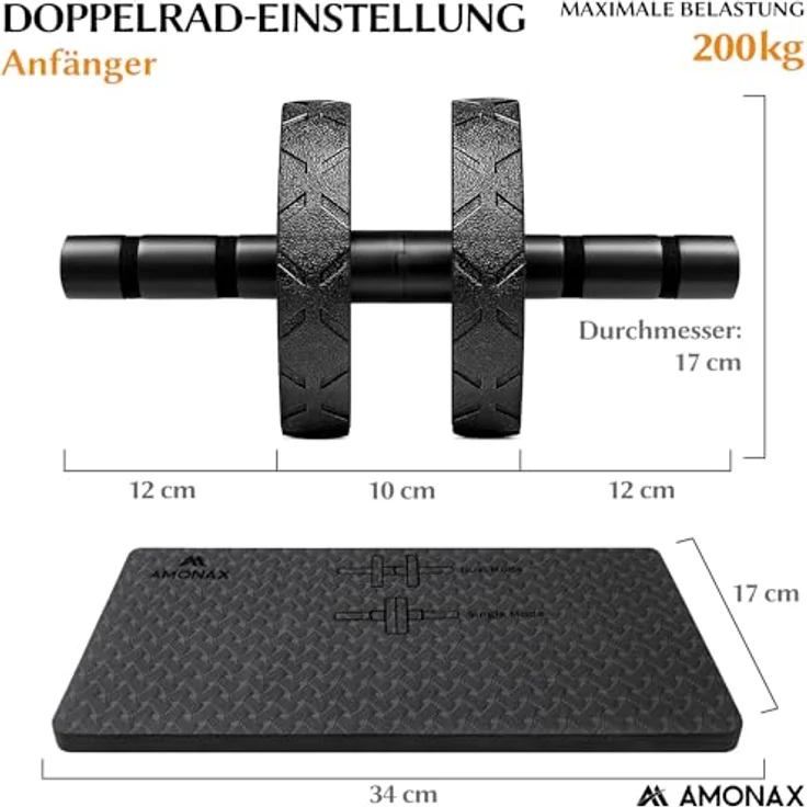 Amonax Bauchroller, bauchtrainer ab roller, bauchmuskeltrainer ab wheel set, mit Rutschfester, inkl. gut gepolsterter Kniematte/Knieauflage, für Männer und Frauen, Bauchmuskeltraining (Schwarz) - Preisvergleich – Bild 4