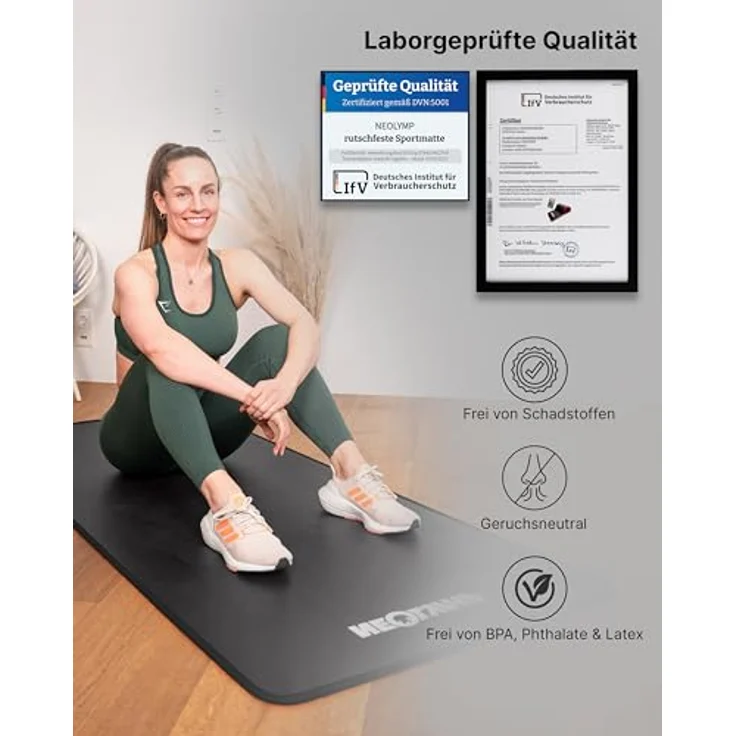 NEOLYMP Fitnessmatte, Yogamatte Schwarz mit Tragegurt und Trainingsbuch inkl. Übungseinheiten, rutschfest und leicht zu reinigen – Bild 7