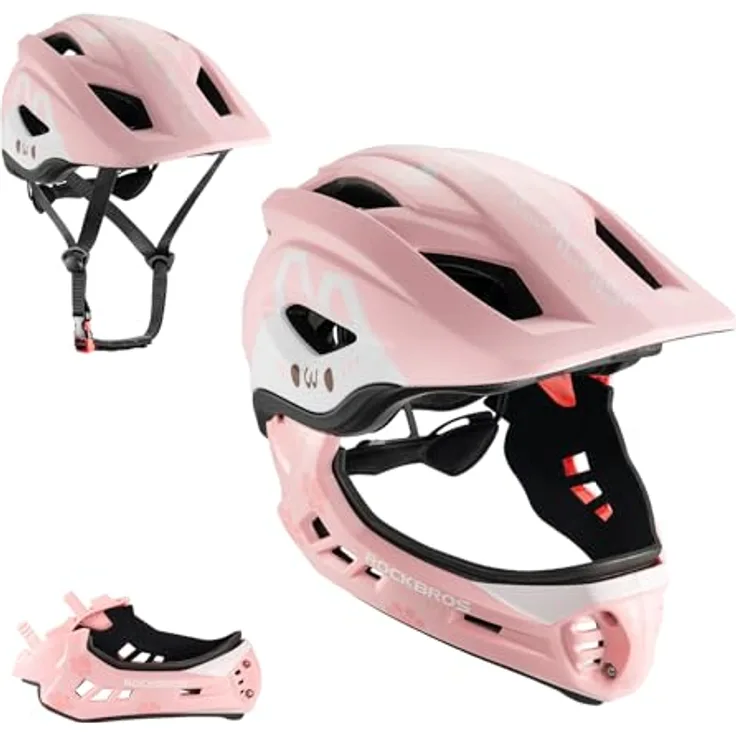 Rockbros TT-32002, Kinder Fullface Fahrradhelm Größe M, rosa, abnehmbarer Kinnschutz, belüftet, leicht