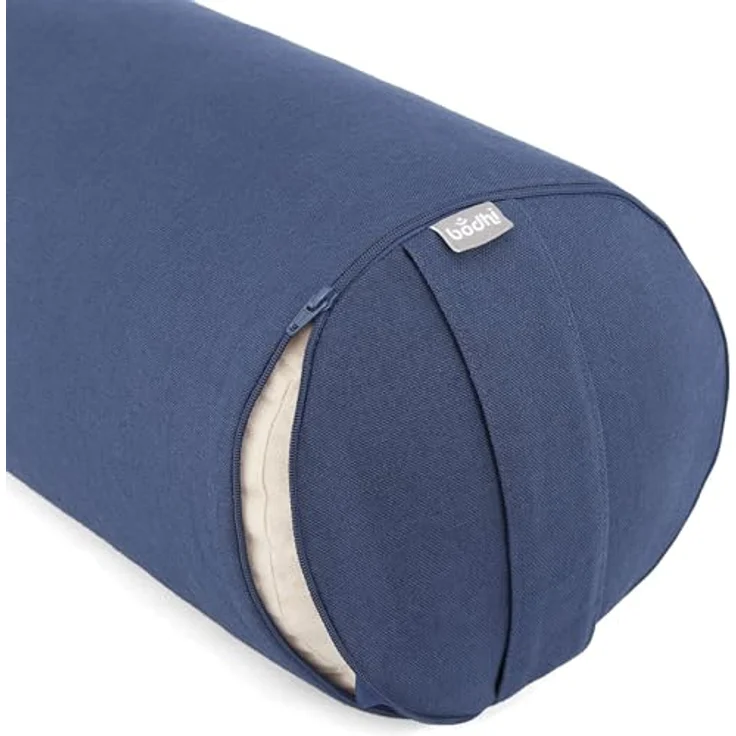 Bodhi Yoga Bolster Rolle Ø 22 cm | Yogarolle mit Bio-Dinkelfüllung | Yogakissen für Restorative & Yin Yoga | Waschbarer Bezug aus Baumwolle | Pilates Kissen mit Trageschlaufe (blau) – Bild 2