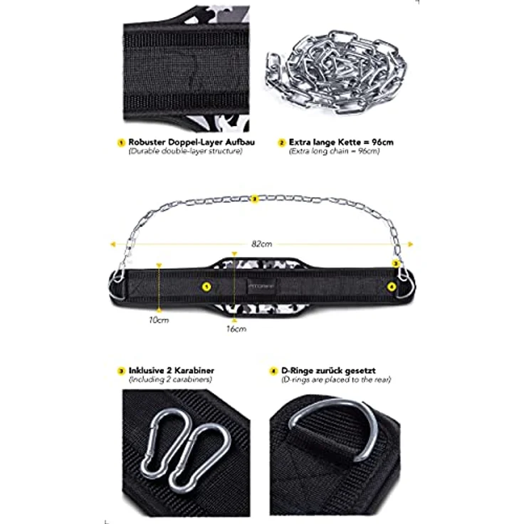 Fitgriff® Dip Gürtel mit Kette + 2 Karabiner, Dip Belt für Bodybuilding, Krafttraining, Gewichtheben - Gewichthebergürtel, Gewicht Gürtel (Camo, OneSize) – Bild 3