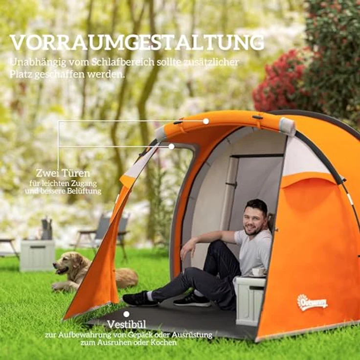 Outsunny Tunnelzelt für 2-3 Personen, wasserdichtes Campingzelt mit Vorraum, 2000mm Wassersäule, orange – Bild 4