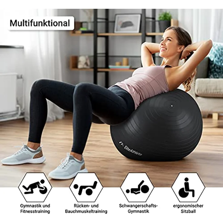EliteAthlete Gymnastikball Sitzball Büro ergonomisch mit Anti Burst System - Fitness Pilates Schwangerschaft - Schwangerschaftsball Fitnessball Yogaball - Yoga Ball 55cm inkl. Luftpumpe – Bild 2