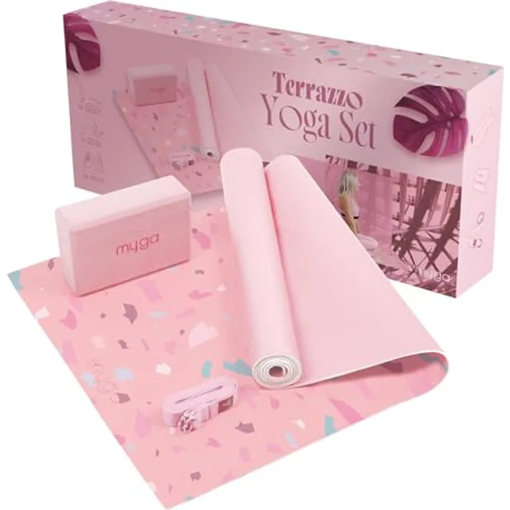 Myga Yoga Starter Kit, Komplettes Set mit rutschfester Yogamatte (6 mm), Yogablock & Gurt, Rosa Terrazo Design, Ideal für Anfänger & Reisen