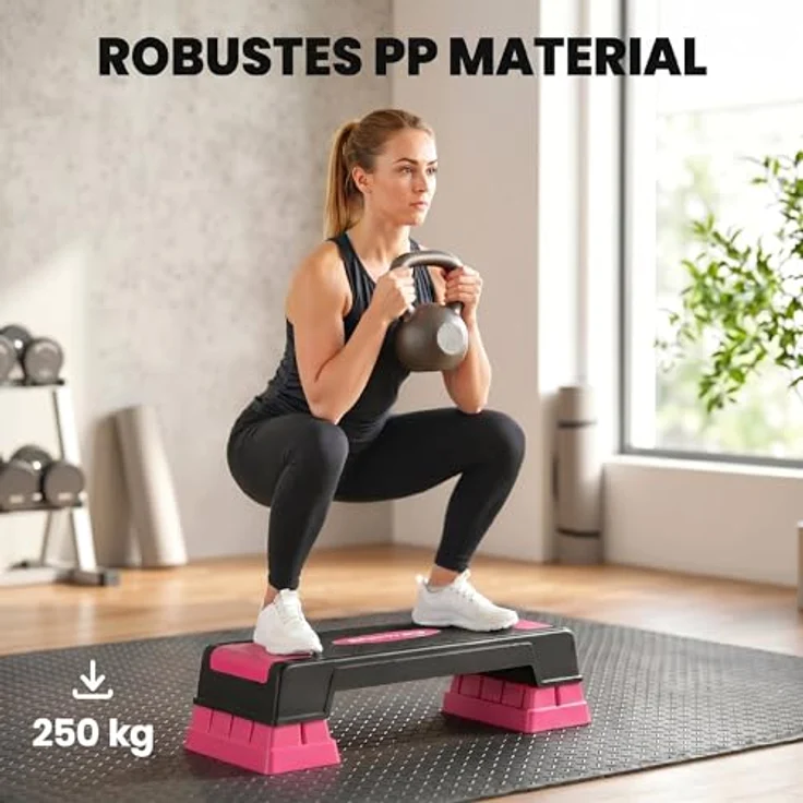 SPORTNOW Aerobic Stepper, 3-stufig verstellbar (12/17,5/22,5 cm), rutschfeste Matte, belastbar bis 250 kg, Schwarz+Rosa – Bild 5