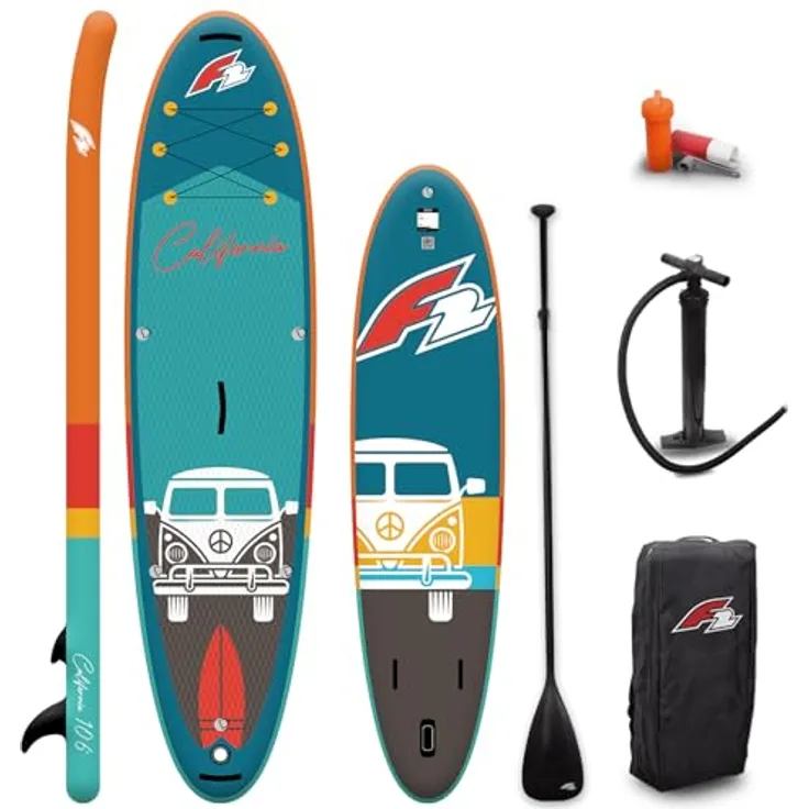F2 Stand up Paddle Board CALIFORNIA - HFT SUP 10,6, Aufblasbar, Türkis, mit 2 Softfinnen und Zubehörset