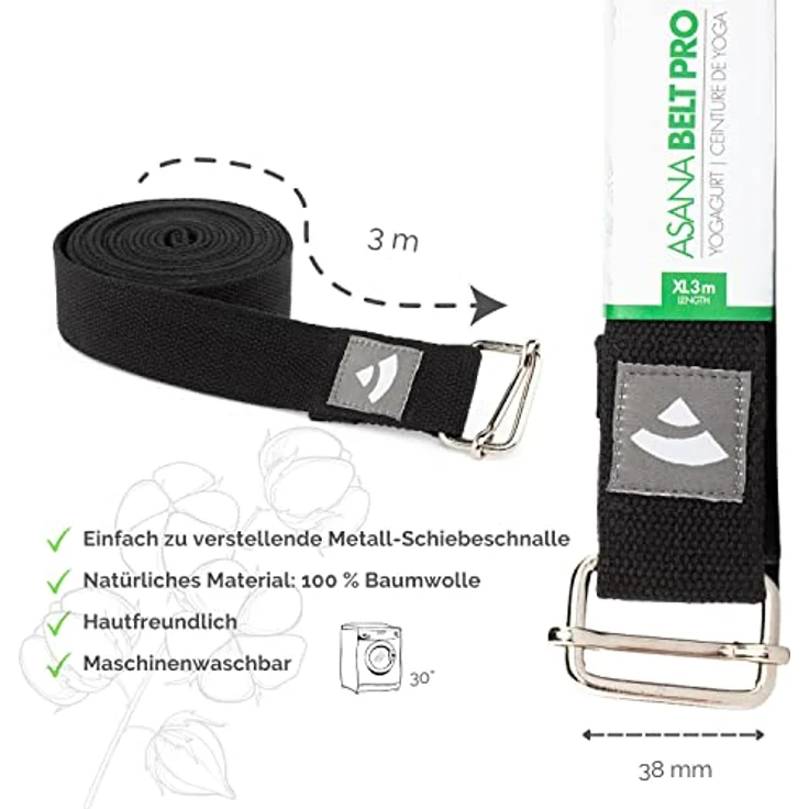 ASANA BELT PRO Yogagurt mit Metall-Verschluss, Schiebe-Schnalle eckig, langer Gurt aus Baumwolle, Yoga Hilfsmittel, 3 m x 38 mm, Yogazubehör - Preisvergleich – Bild 3