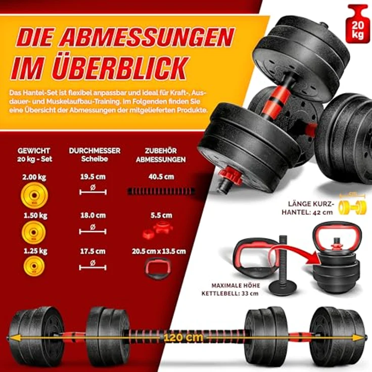RE:SPORT 2 in 1 Hanteln Set mit Kettlebell 20kg, verstellbar, inkl. Kurzhantel & Langhantel, Sicherheitsverschlüsse & Verbindungsrohr – Bild 4