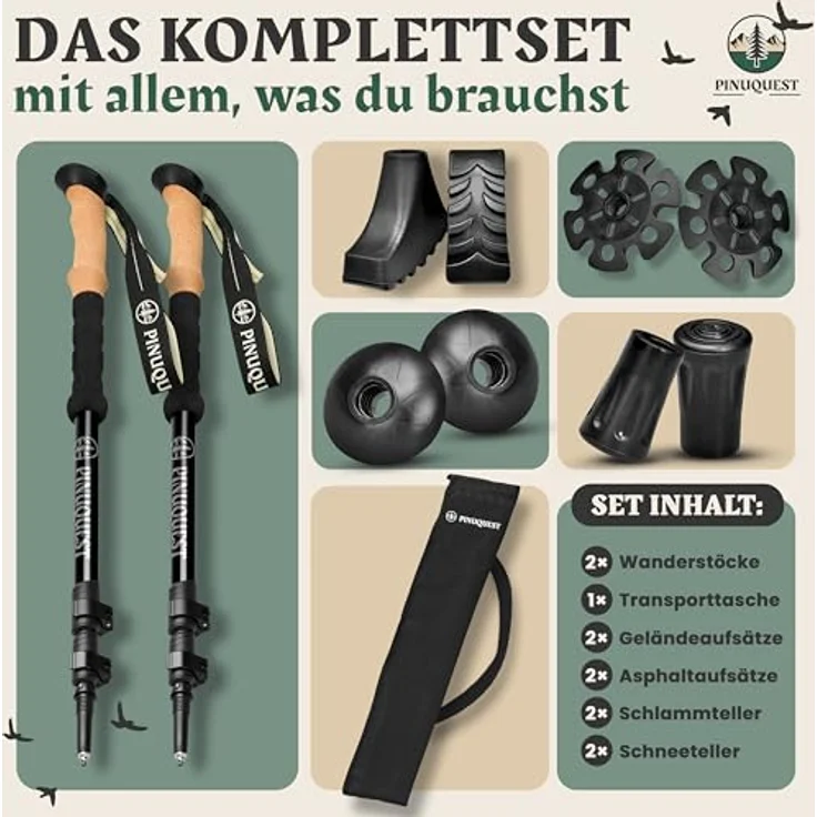 Pinuquest Teleskop Wanderstöcke Aluminium (260g) - verstellbar von 95-200 cm, ergonomischer Kork Griff, 4 Aufsätze für jedes Gelände, schwarz – Bild 2