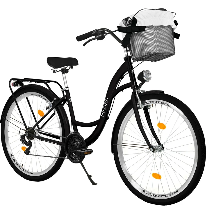 MILORD Damenfahrrad Citybike Komfort, 28 Zoll, 21-Gang-Antrieb, Schwarz, mit Metallkorb und robustem Stahlrahmen