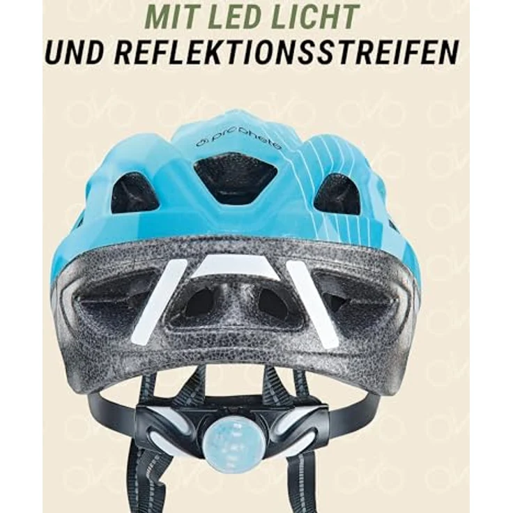 Prophete Kinder-Fahrradhelm, stoßfeste Hartschaum-Innenschale, integriertes LED-Licht, reflektierende Gurtbänder, Größe: 55-58 cm, Farbe: türkis – Bild 4