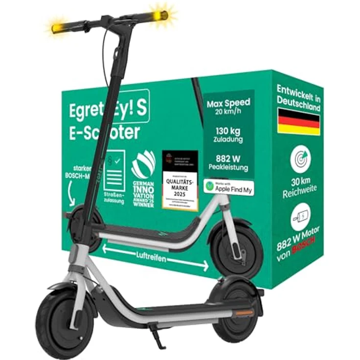 Egret Ey! S E-Scooter, 30 km Reichweite, 882 W Bosch Motor, 18 kg, Apple Find My, Luftreifen, 23% Steigung, max. 130 kg, 20 km/h, Dual Bremsen, App-controllable – Bild 1