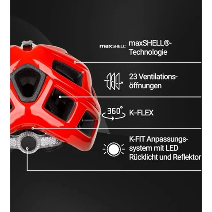 KED Crom Fahrradhelm mit K-FIT Anpassungssystem, LED Rücklicht, red-black glossy, Größe 52-58 (M) – Bild 3