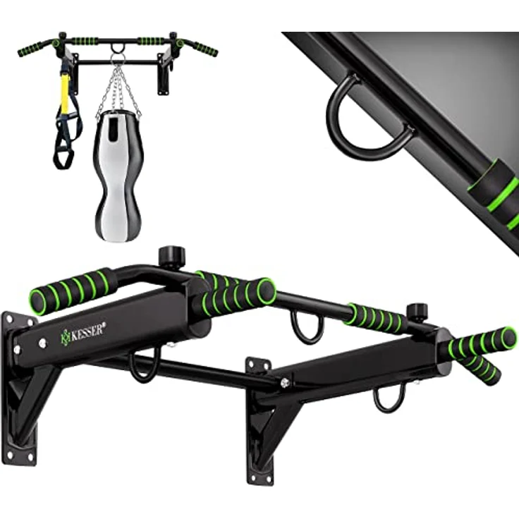 KESSER® 4in1 Klimmzugstange zur Wandmontage rutschfesten Griffen zusätzliche Funktion für Seile Ringe und Boxsäcke mit verschiedenen Griffpositionen | sicher & stabil | Pull Up Bar für zuhause, Grün – Bild 1