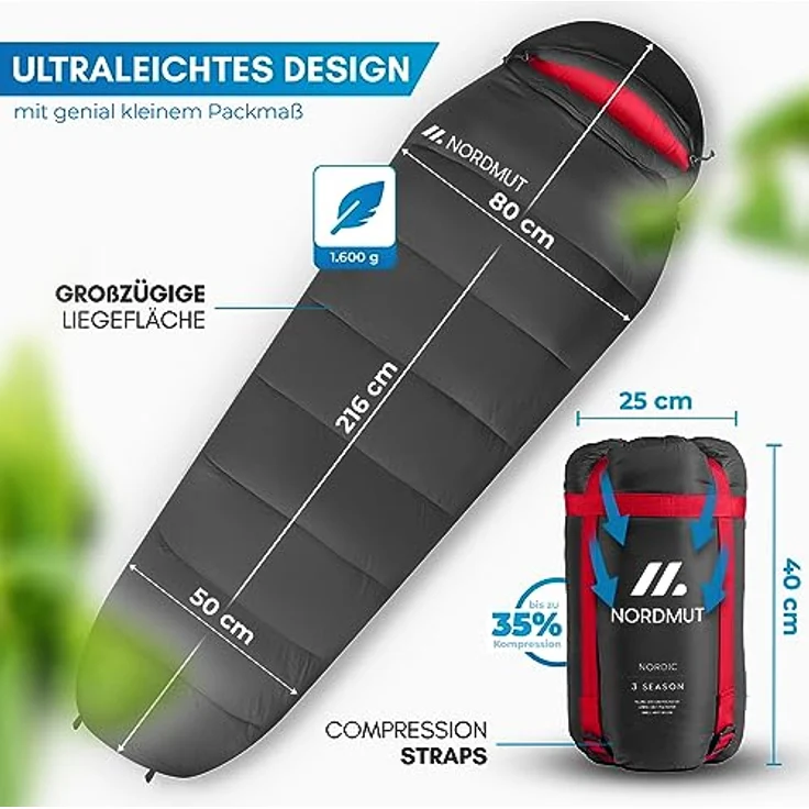 NORDMUT® Schlafsack Erwachsene Mumienschlafsack – Ultraleicht (900/1500g) mit 3-Jahreszeiten (250 GSM) & Sommerschlafsack (100 GSM) – Kompakt für Camping, Outdoor & Festivals, schwarz – Bild 5