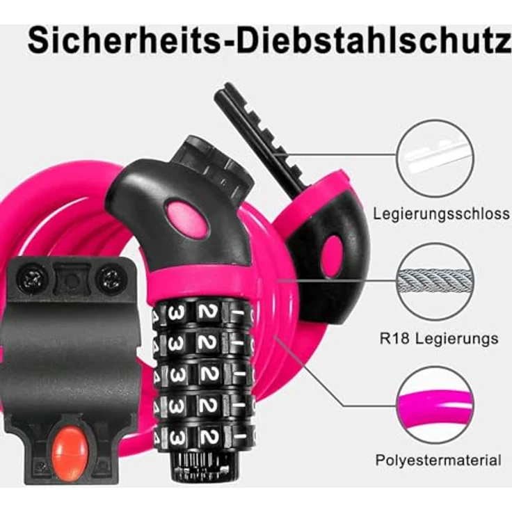 REHKITTZ Fahrradschloss 120cm/12mm Kabelschloss, sehr hohe Sicherheitsstufe mit 5-stelligem Zahlencode, inklusive Befestigungsbügel, rosa – Bild 5