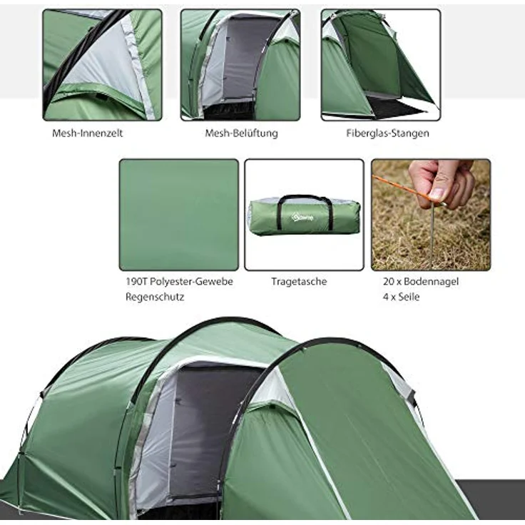 Outsunny Campingzelt für 2-3 Personen stabil wasserdicht Familienzelt mit Seitentür Fenster Packtasche, Dunkelgrün – Bild 3